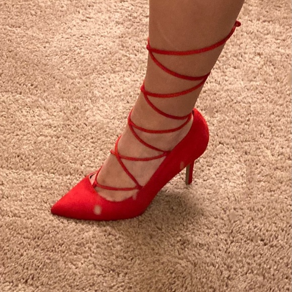 Red suede lace up heels - Picture 1 of 5